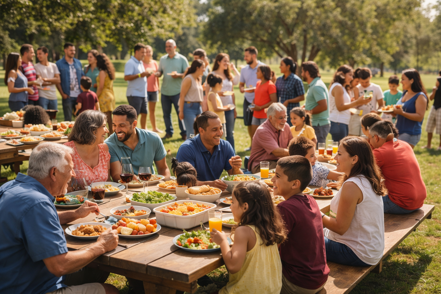 Family gathering around dinner table sharing a meal